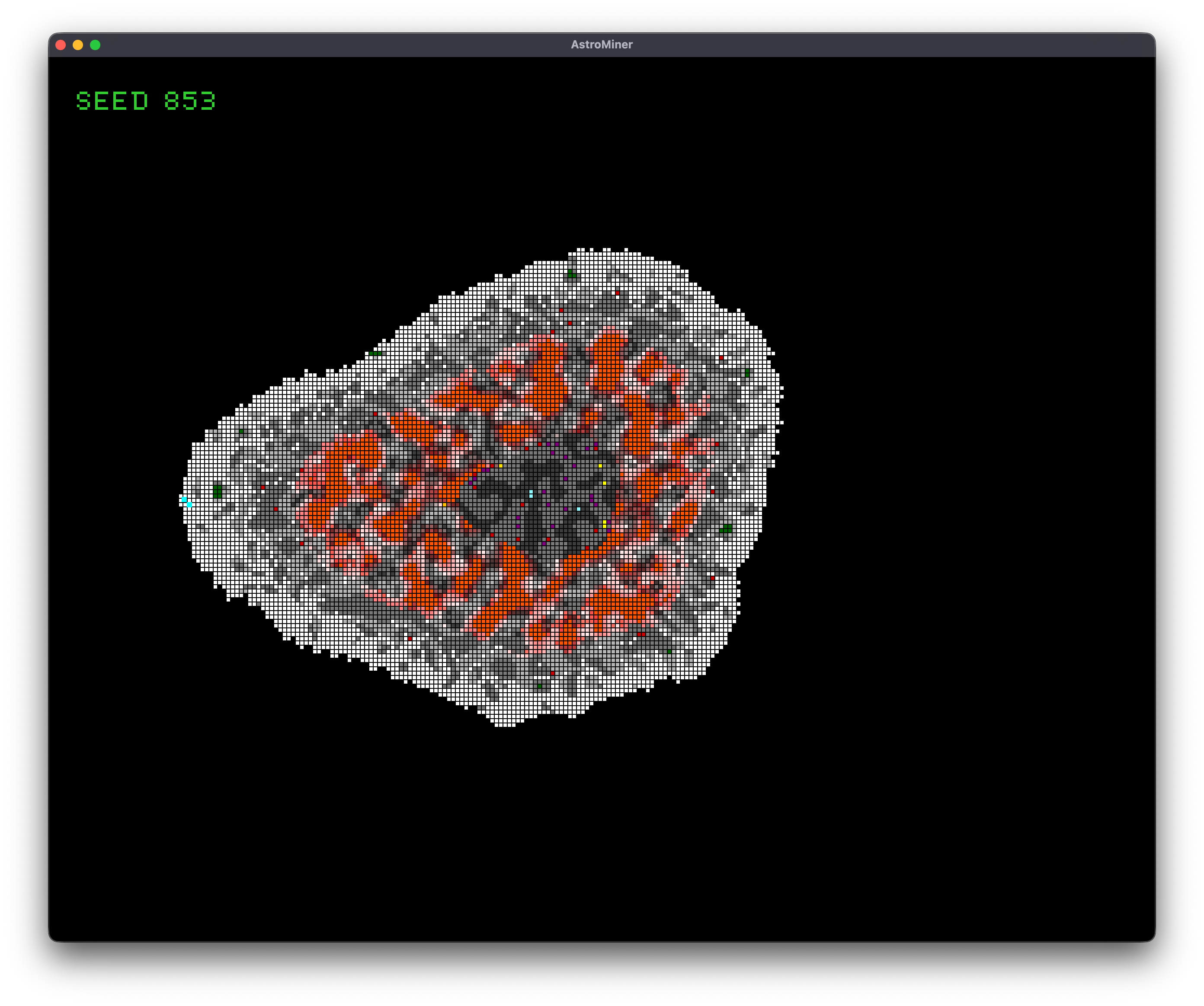 The procedural generation viewer displaying an asteroid with rocky layers, caves, and lava for seed 853
