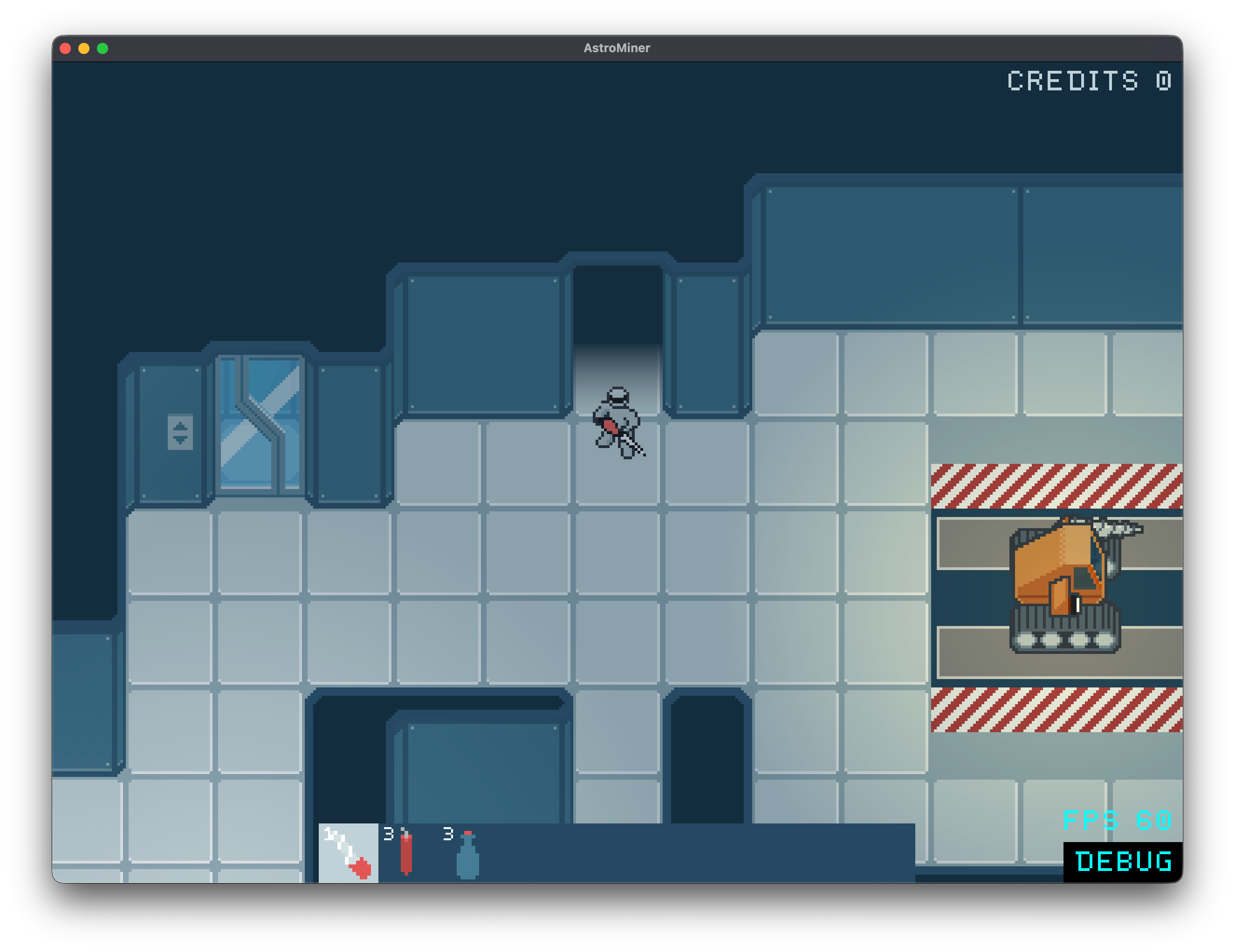 A pixel art character and mining vehicle inside a tiled base, with inventory items along the bottom