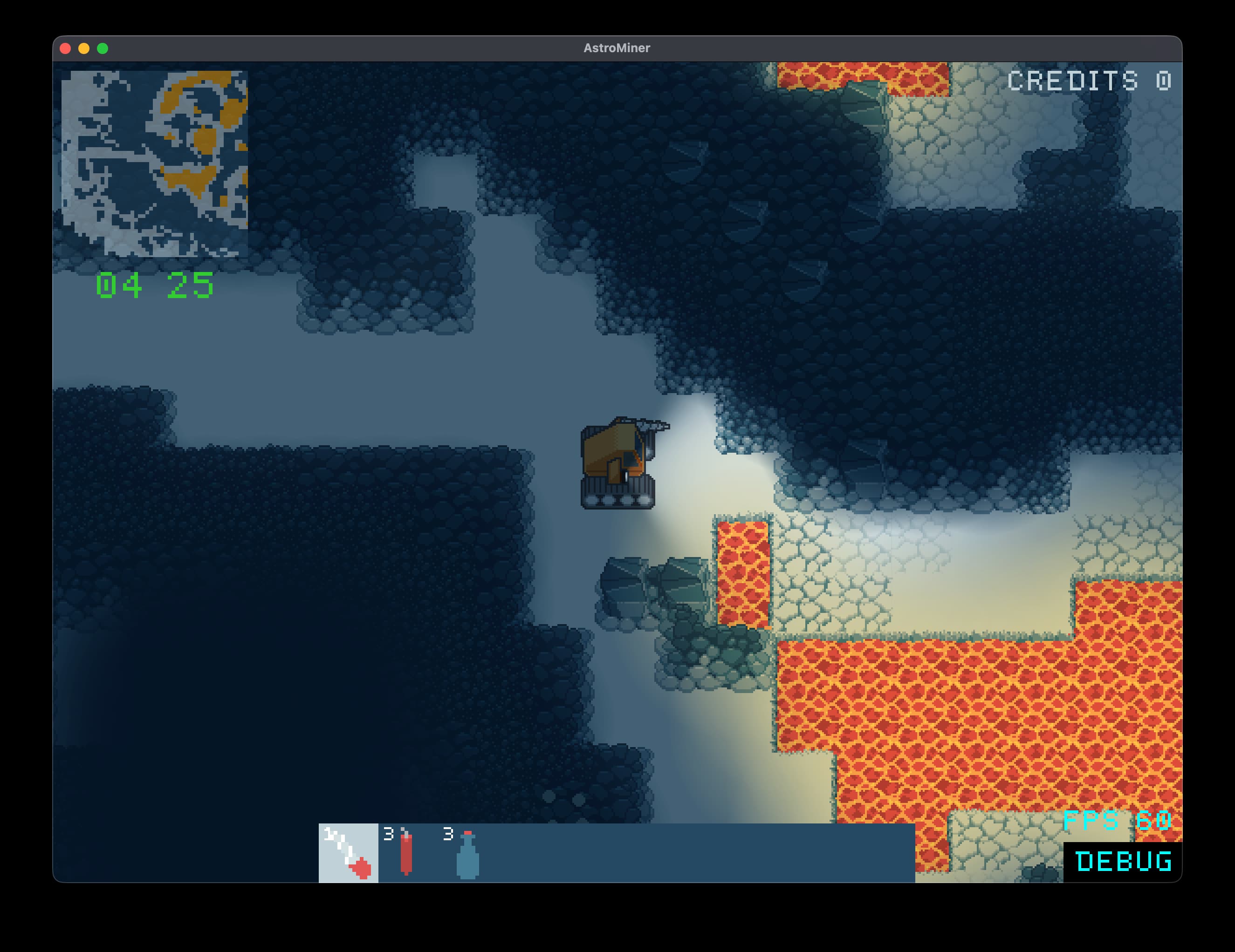 A mining vehicle exploring rocky asteroid tunnels beside lava, with lighting and a minimap